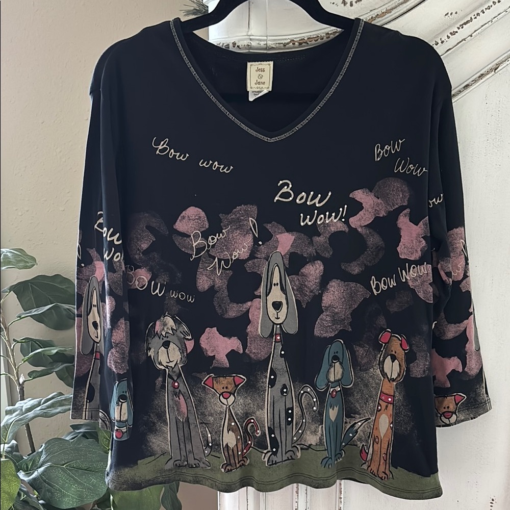 Jess & Jane 
Black Dog-Print V-Neck Women's Top